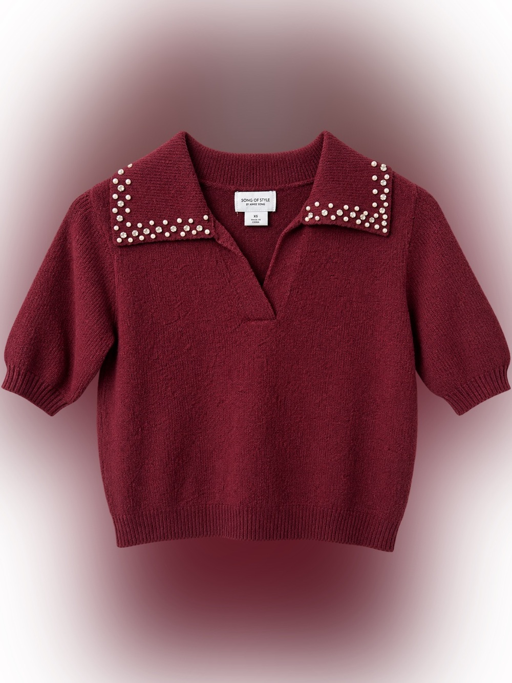 Song of Style Maroon V-Neck Short-Sleeve Sweater with Pearl Collar